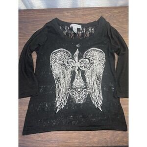 Mad Design Women's Large Lace Back 3/4 Sleeve Black Shirt Rhinestone Graphic Y2K